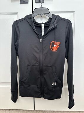 Under Armour Black Zip Hoodie Orange Orioles Logo Baltimore Sleeve Small